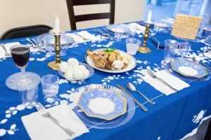 Table set for a traditional Passover seder.